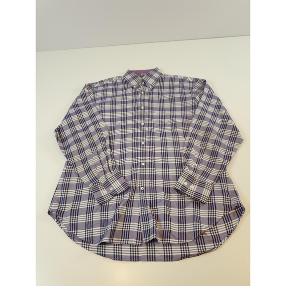 J Mclaughlin Plaid Shirt Men's L Purple Button Down Long Sleeve Contrast Collar - Picture 1 of 11